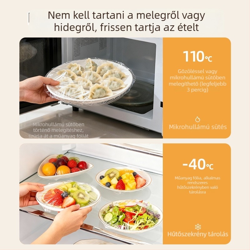 Egyszer használatos, átlátszó élelmiszer-fólia fedő, rugalmas szegéllyel, élelmiszer-minőségű, a hűtőben maradt ételek lefedésére