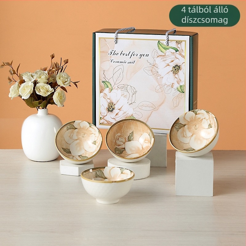 Kaméliás porcelán tálakból álló ajándék készlet – modern, letisztult stílus, 10-11 cm átmérő, mikrohullámú sütőben használható