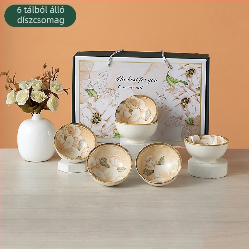 Kaméliás porcelán tálakból álló ajándék készlet – modern, letisztult stílus, 10-11 cm átmérő, mikrohullámú sütőben használható