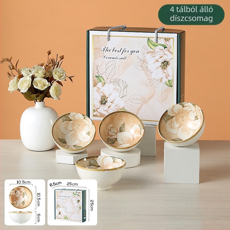 Kaméliás porcelán tálakból álló ajándék készlet – modern, letisztult stílus, 10-11 cm átmérő, mikrohullámú sütőben használható