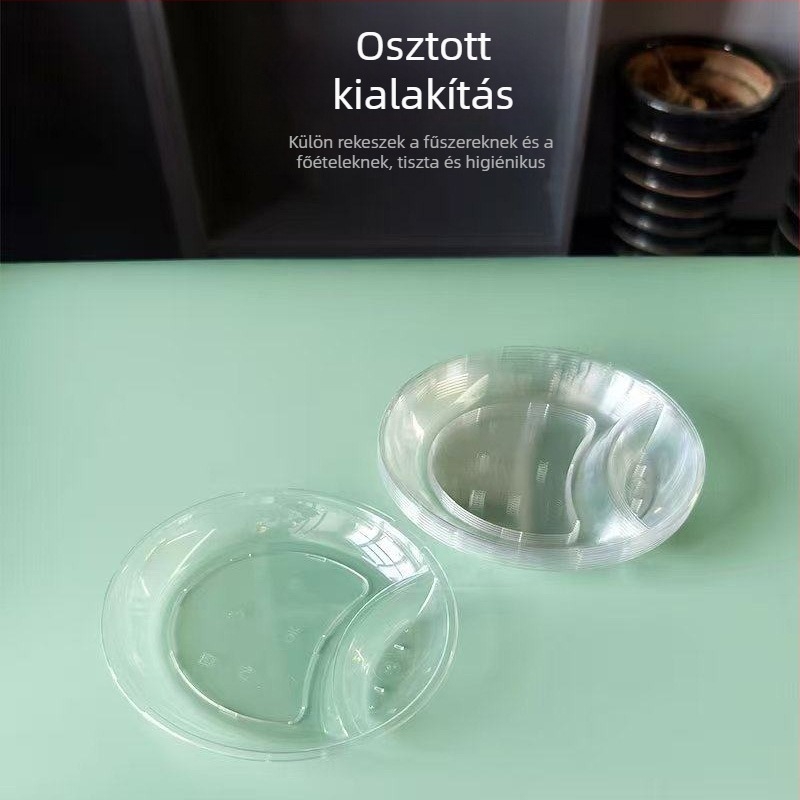 Hőálló, átlátszó műanyag szószos tál, kör alakú osztott felülettel, egyszer használatos edény, kristályos dip tál, kis tál
