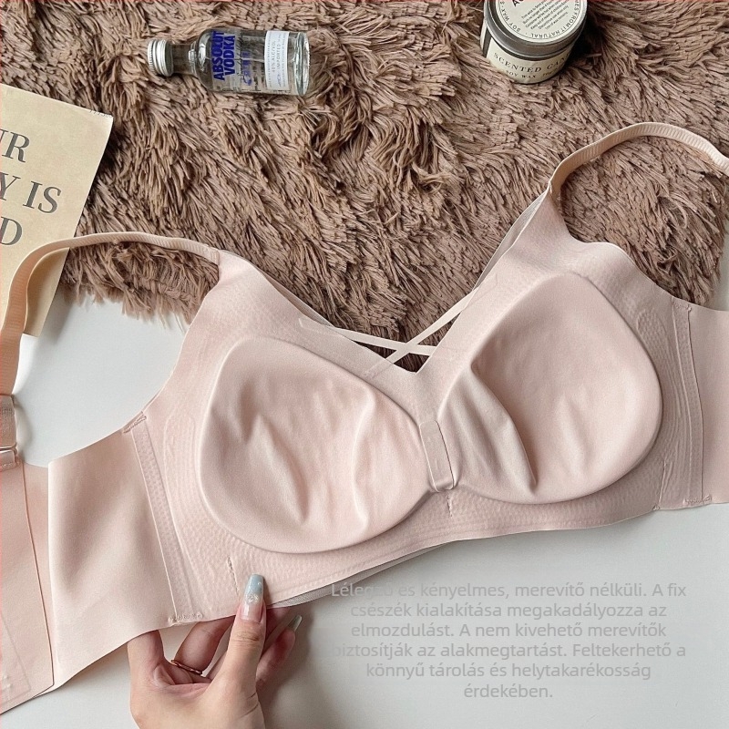 Csipkés hát nélküli, seamless női melltartó, fix integrált anti-expozíciós bandeau, push-up hatású, amely kiemeli és megemeli a dekoltázst