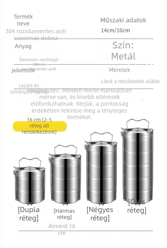 Zárható, dupla rétegű szigetelt ebédes doboz, 304 rozsdamentes acélból, kör alakú, ételrács