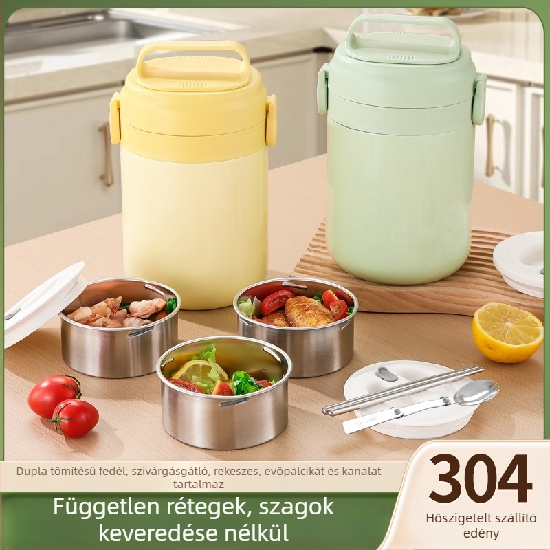 304 rozsdamentes acél termoszos ebédes doboz, élelmiszer-minőségű, többszintes, hordozható, nagy kapacitású, diákoknak