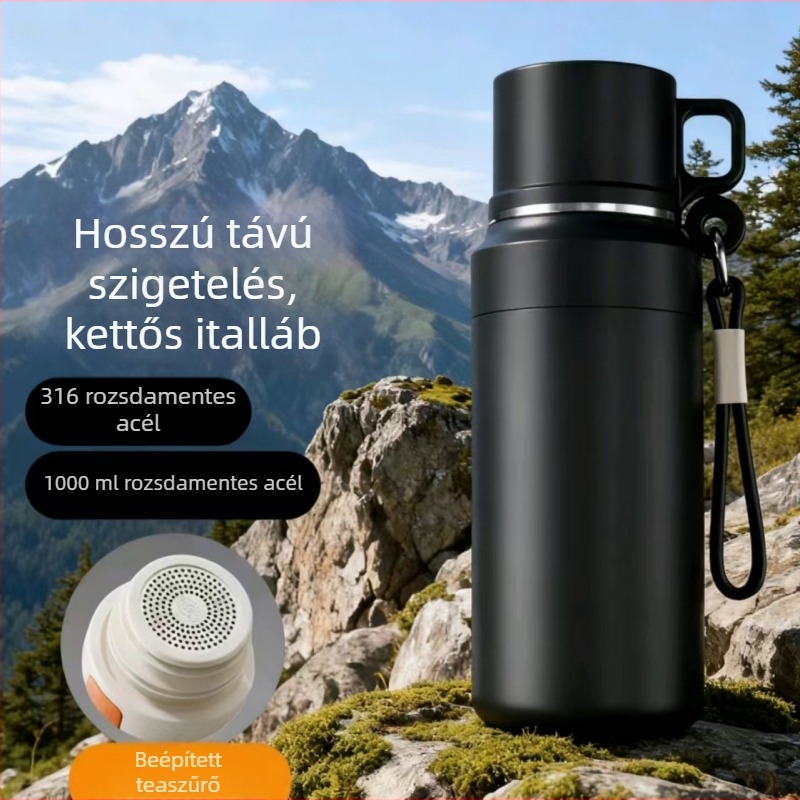 Kültéri rozsdamentes acél termosz, kettős falú, nagy kapacitás, utazáshoz és túrázáshoz