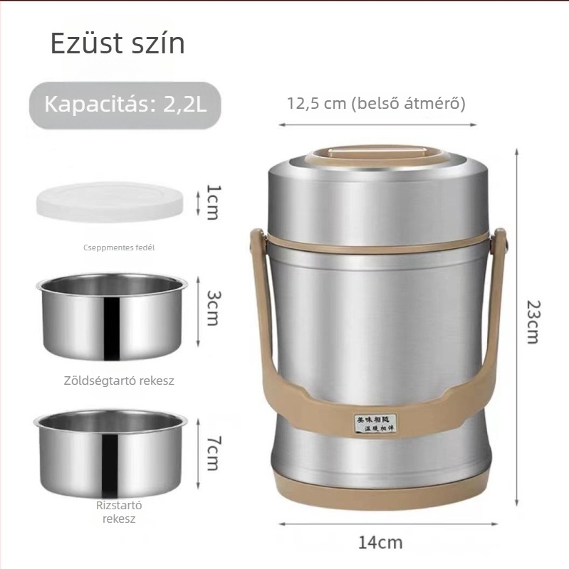 304 rozsdamentes acélból készült vákuum-izolált ebédes doboz, hordozható ételtároló 2,2 literes kapacitással