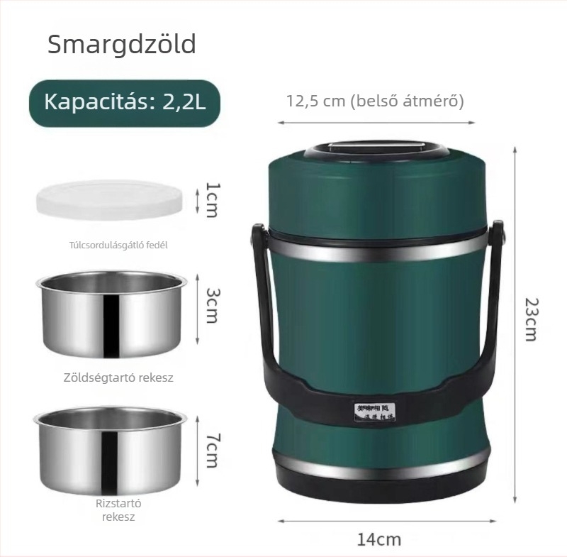 304 rozsdamentes acélból készült vákuum-izolált ebédes doboz, hordozható ételtároló 2,2 literes kapacitással