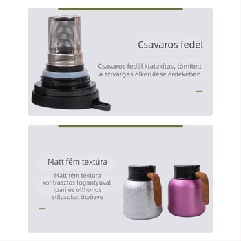 Titánium bevonatú, hőszigetelt teáskanna fogantyúval, nagy kapacitás, tea–víz elválasztás, infúziós kanna
