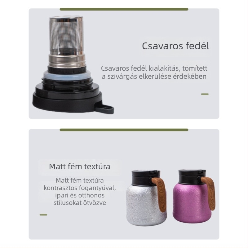 Titánium bevonatú, hőszigetelt teáskanna fogantyúval, nagy kapacitás, tea–víz elválasztás, infúziós kanna
