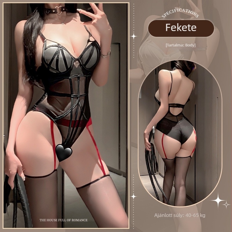 Szexi mikroformázó bodys hálószövettel és átlátszó panellel, push-up a kicsi mellekhez, egyrészes fehérnemű