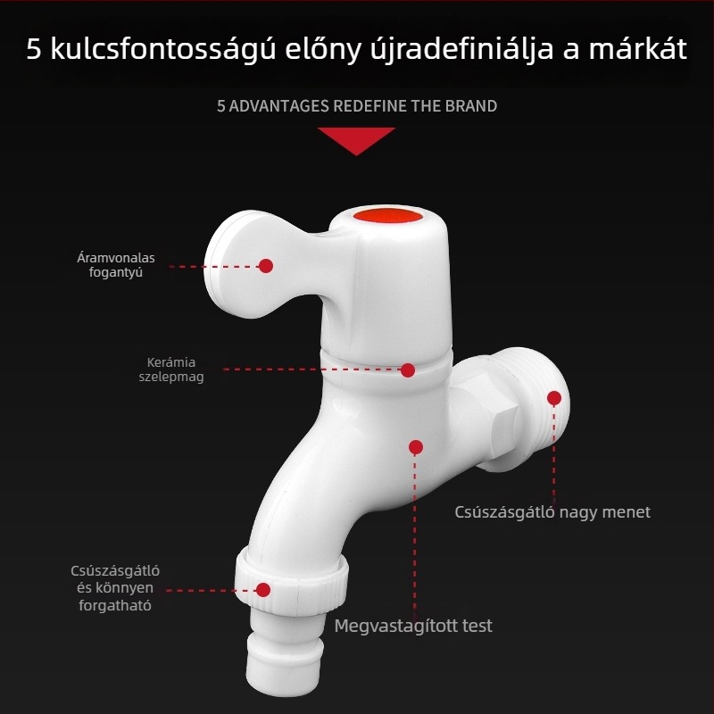 Háztartási PVC műanyag csap, 1/2–3/4 hüvelyk menet, szivárgásmentes és repedésálló, tartós mosógép-csap.