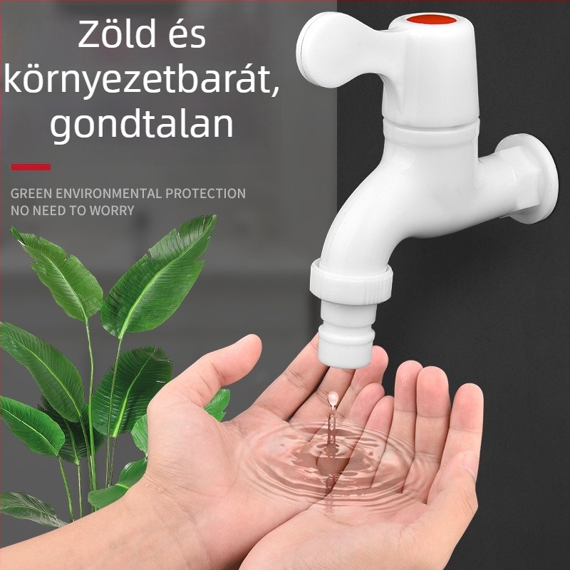 Háztartási PVC műanyag csap, 1/2–3/4 hüvelyk menet, szivárgásmentes és repedésálló, tartós mosógép-csap.