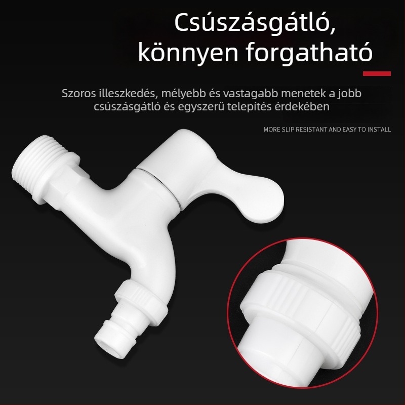 Háztartási PVC műanyag csap, 1/2–3/4 hüvelyk menet, szivárgásmentes és repedésálló, tartós mosógép-csap.