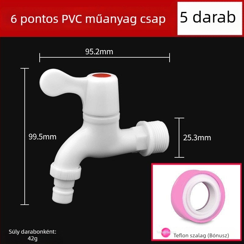 Háztartási PVC műanyag csap, 1/2–3/4 hüvelyk menet, szivárgásmentes és repedésálló, tartós mosógép-csap.