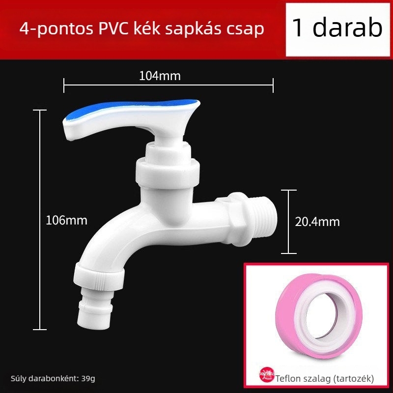 Háztartási PVC műanyag csap, 1/2–3/4 hüvelyk menet, szivárgásmentes és repedésálló, tartós mosógép-csap.