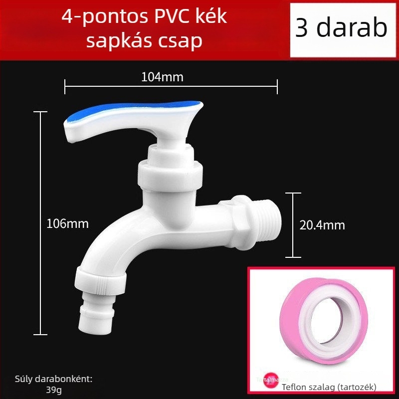 Háztartási PVC műanyag csap, 1/2–3/4 hüvelyk menet, szivárgásmentes és repedésálló, tartós mosógép-csap.