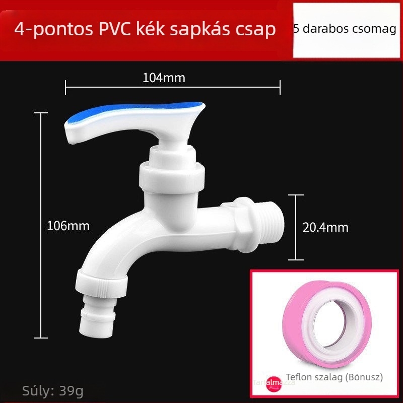 Háztartási PVC műanyag csap, 1/2–3/4 hüvelyk menet, szivárgásmentes és repedésálló, tartós mosógép-csap.