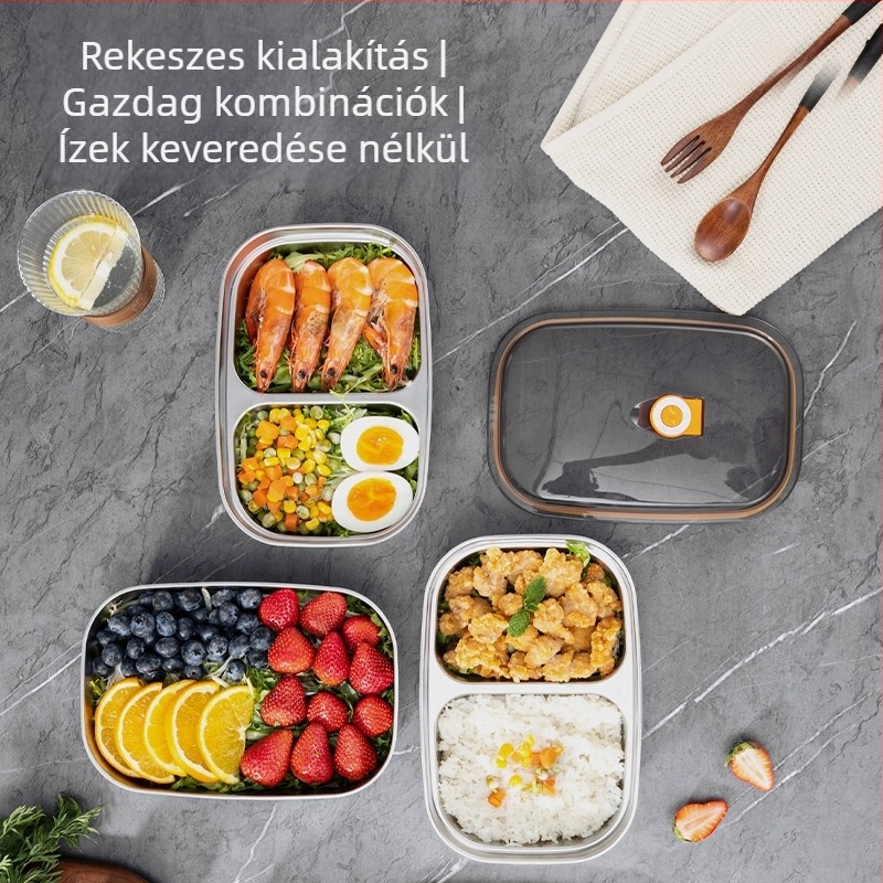 304 rozsdamentes acélból készült zárt ebédes doboz, mikróhullámú sütőben használható, nagy kapacitású, hordozható osztott rekeszekkel