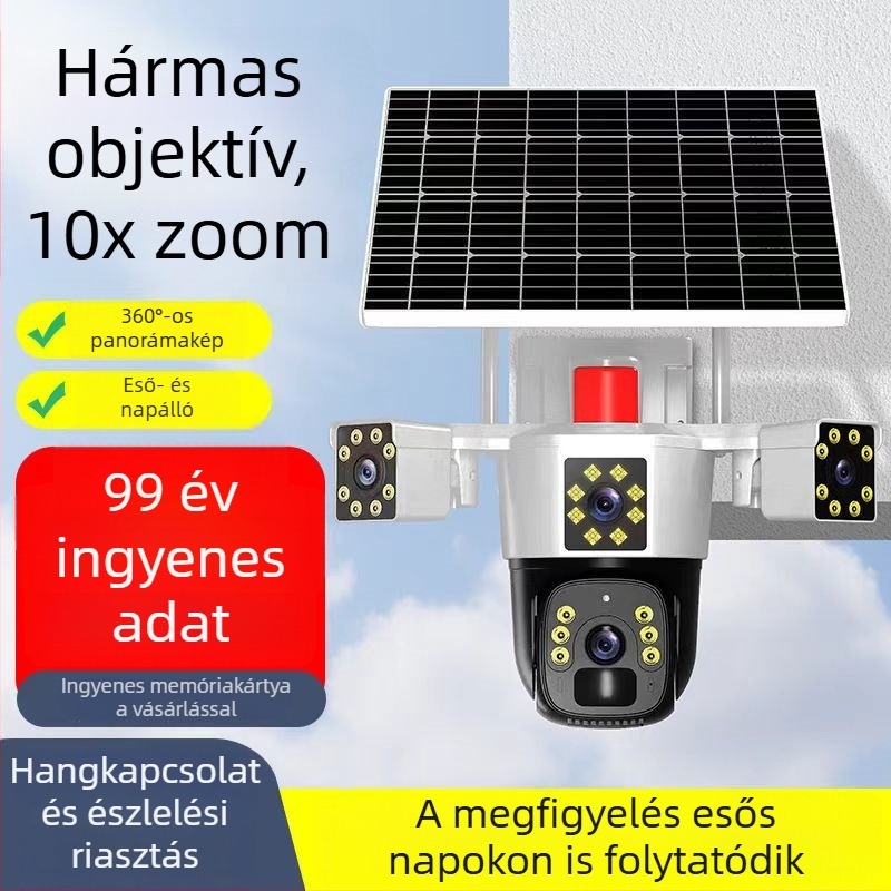 Napelemes HD kültéri kamera 360°-os forgással, távoli megtekintés okostelefonról és éjszakai látás