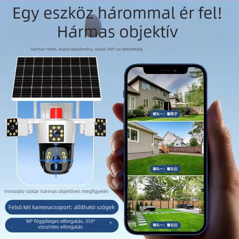 Napelemes HD kültéri kamera 360°-os forgással, távoli megtekintés okostelefonról és éjszakai látás