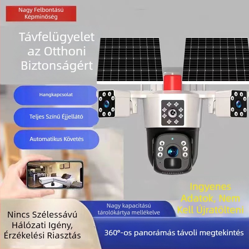 Napelemes HD kültéri kamera 360°-os forgással, távoli megtekintés okostelefonról és éjszakai látás
