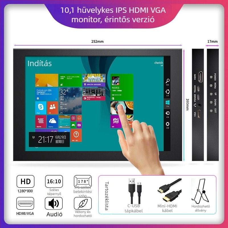 10,1 hüvelykes Raspberry Pi IPS kapacitív érintőképernyős HDMI monitor, 1280x800, hordozható ipari kijelző
