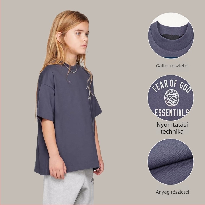 Essentials Amerikai sorozat gyerekeknek betűs nyomatú laza nyári rövidujjú felső, 100% pamut