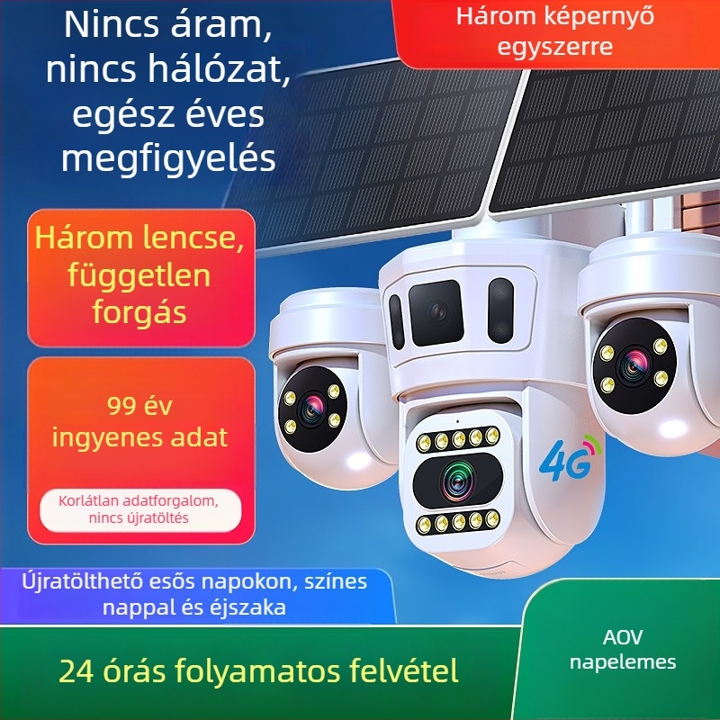 Kültéri napelemes biztonsági kamera három objektívvel, 360° panorámával és 4G kapcsolattal