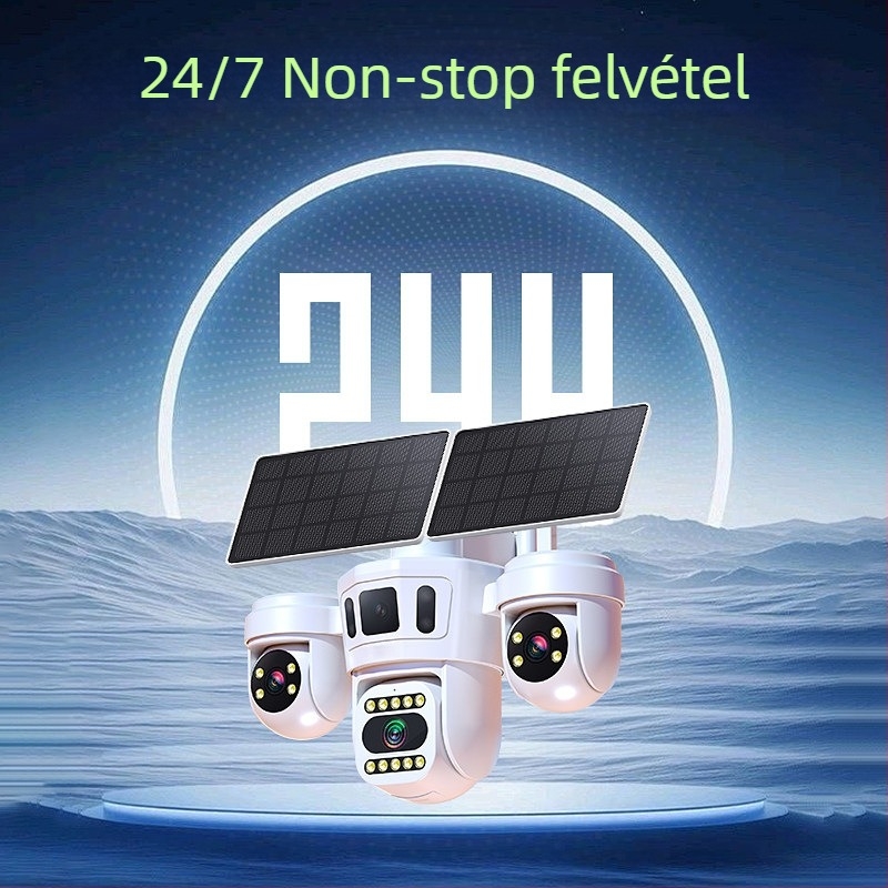 Kültéri napelemes biztonsági kamera három objektívvel, 360° panorámával és 4G kapcsolattal