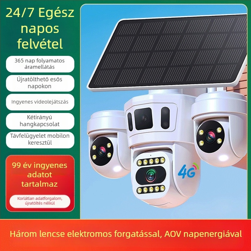 Kültéri napelemes biztonsági kamera három objektívvel, 360° panorámával és 4G kapcsolattal