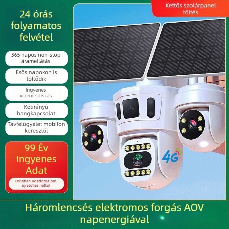 Kültéri napelemes biztonsági kamera három objektívvel, 360° panorámával és 4G kapcsolattal