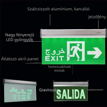 3W LED Vészhelyzeti kijáratjelző tábla, akril függő kijáratjelző, zöld kilépési fény
