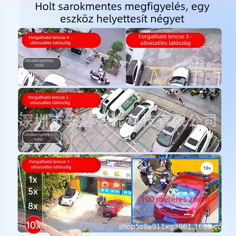 Kültéri négynézetes vezeték nélküli megfigyelő kamera panorámás lefedettséggel, holttér nélkül, okostelefről elérhető, teljes színű éjjellátás dupla világítással