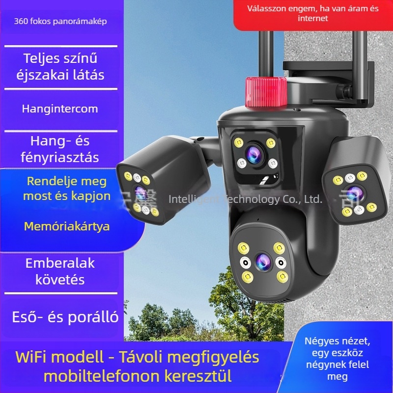 Kültéri négynézetes vezeték nélküli megfigyelő kamera panorámás lefedettséggel, holttér nélkül, okostelefről elérhető, teljes színű éjjellátás dupla világítással