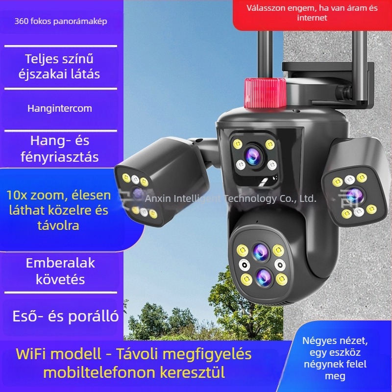 Kültéri négynézetes vezeték nélküli megfigyelő kamera panorámás lefedettséggel, holttér nélkül, okostelefről elérhető, teljes színű éjjellátás dupla világítással