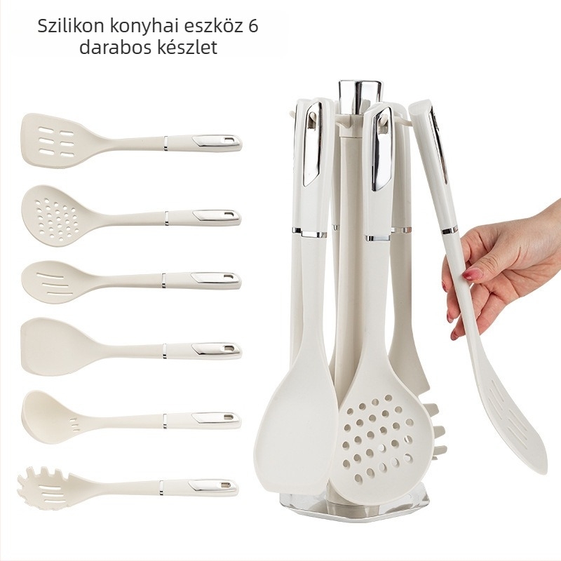 7-darabos szilikon konyhai eszközök készlet: spatula, kanál, leveses kanál, nylon és PP nyéllel