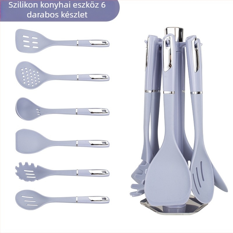 7-darabos szilikon konyhai eszközök készlet: spatula, kanál, leveses kanál, nylon és PP nyéllel