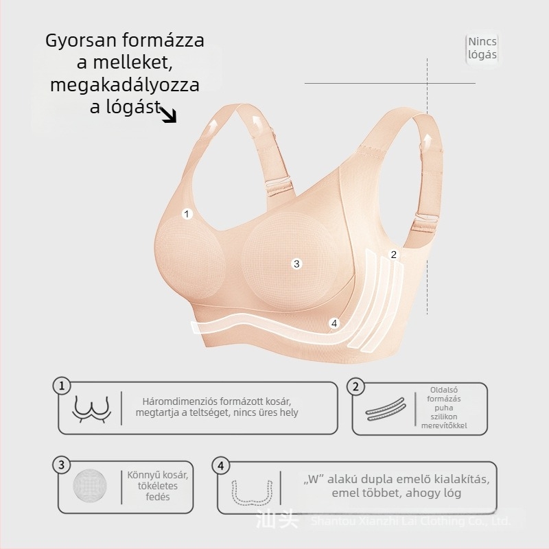 Pluszméretű, teljes kosaras, légáteresztő, merevítés nélküli melltartó, emelő és formázó hatás, hátul öt sor záródás, kényelmes