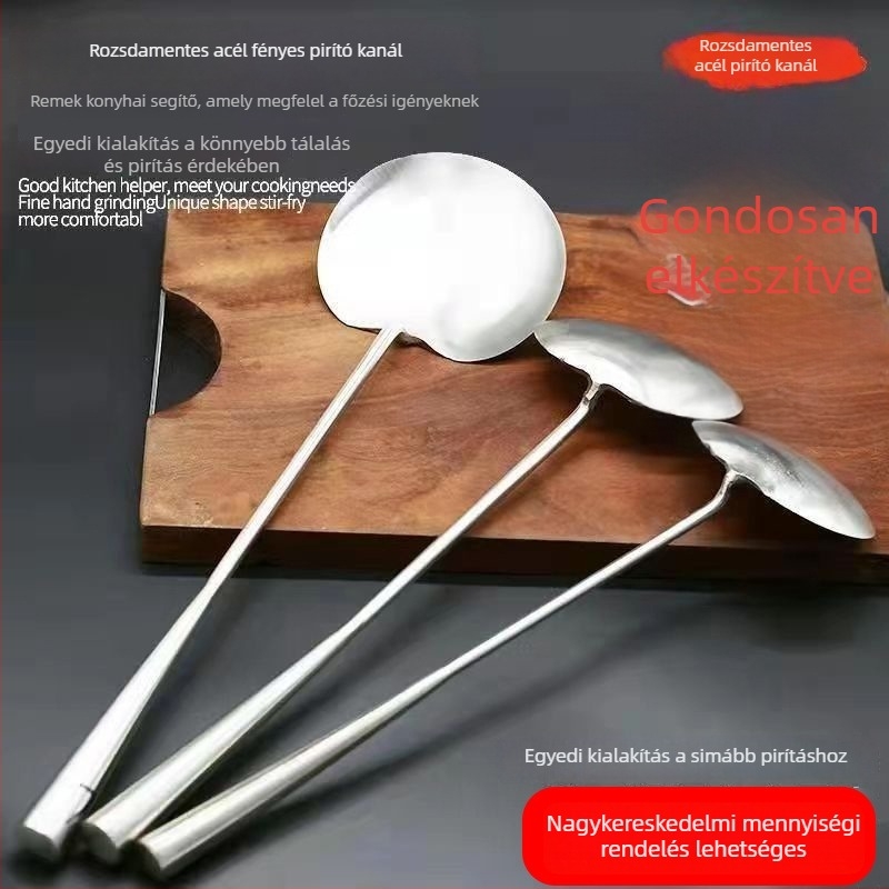 Satin-fényű rozsdamentes acél serpenyőkanál, vastított, szakács‑minőségű, többfunkciós konyhai spatula