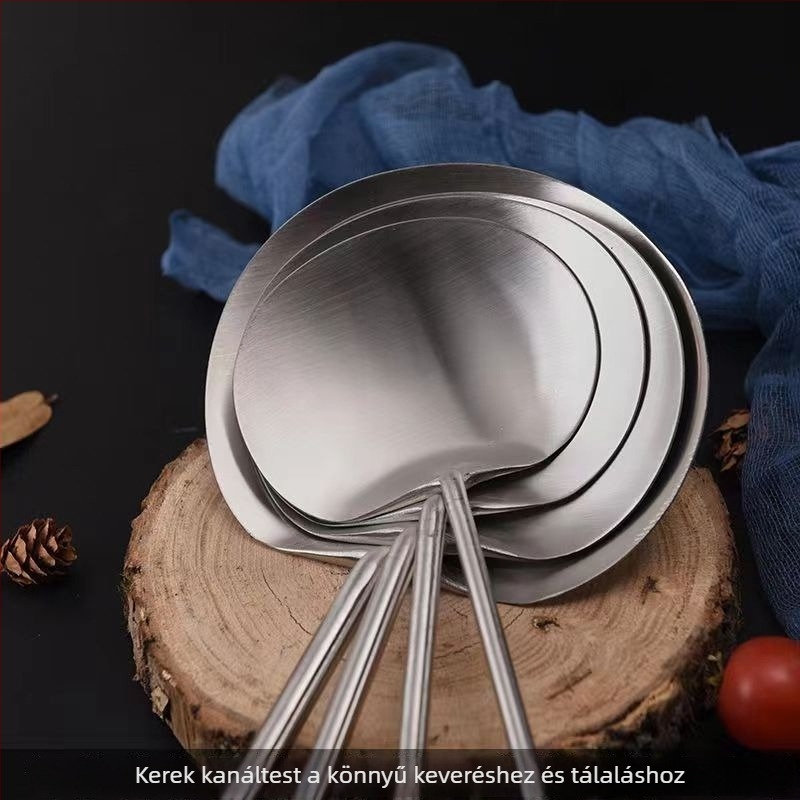 Satin-fényű rozsdamentes acél serpenyőkanál, vastított, szakács‑minőségű, többfunkciós konyhai spatula