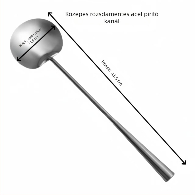 Satin-fényű rozsdamentes acél serpenyőkanál, vastított, szakács‑minőségű, többfunkciós konyhai spatula