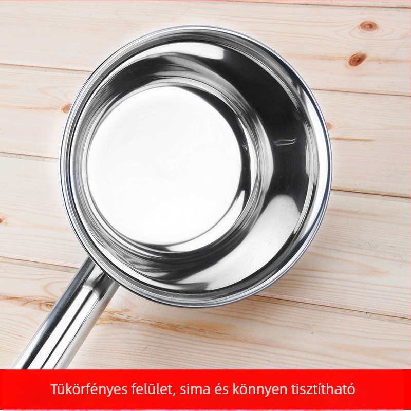 Rozsdamentes acélból készített hosszú nyélű kanál, vastagított kivitel, leveshez és zabkásához
