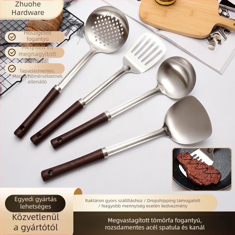Vastagított rozsdamentes acél spatula és kanál készlet fa nyéllel, sütéshez és leszűréshez – négy darab