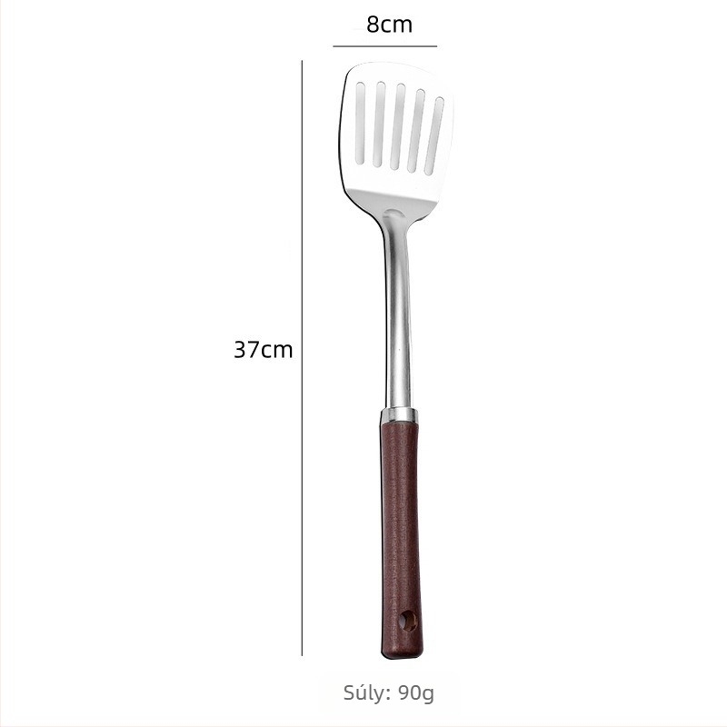 Vastagított rozsdamentes acél spatula és kanál készlet fa nyéllel, sütéshez és leszűréshez – négy darab
