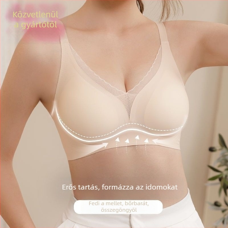 Mély V-nyakú hálószövésű seamless melltartó drót nélkül, oldalsó támasz, vékony kosár, anti-lógás, minimizáló hatás