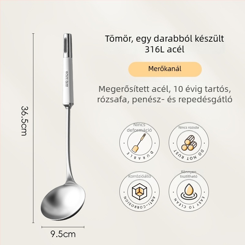 316L rozsdamentes acélból készült vastagított konyhai eszközök készlet: spatula, szűrőedény, leveskanál és serpenyőkanál