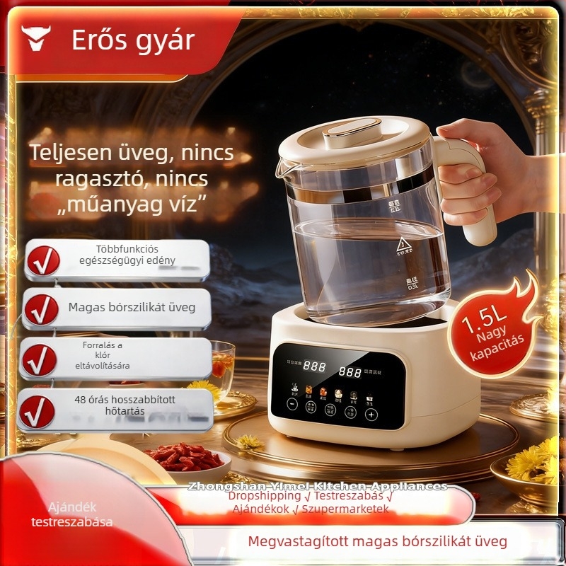 Teljes üvegű bébi tejmelegítő, multifunkcionális kanna, szigetelt teafőző, vastagított változat, ragasztó nélküli, eredeti termék