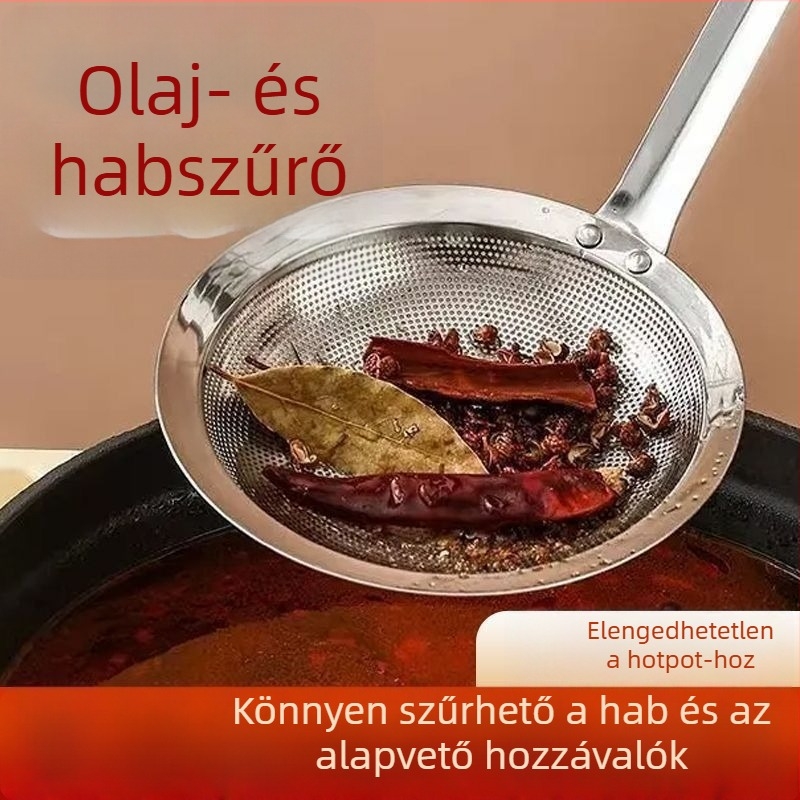 304 rozsdamentes acél habosító kanál sűrű hálóval, integrált teafilterrel és zsírelválasztó funkcióval, háztartási használatra