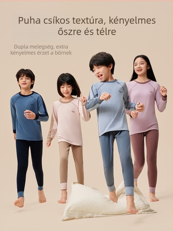 Gyermekek melegítő szett őszi-téli időszakra, patchwork mintával, uniszex, kerek nyakú felső és nadrág