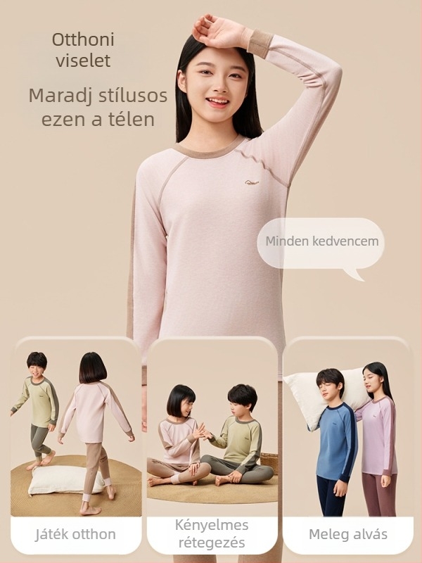 Gyermekek melegítő szett őszi-téli időszakra, patchwork mintával, uniszex, kerek nyakú felső és nadrág